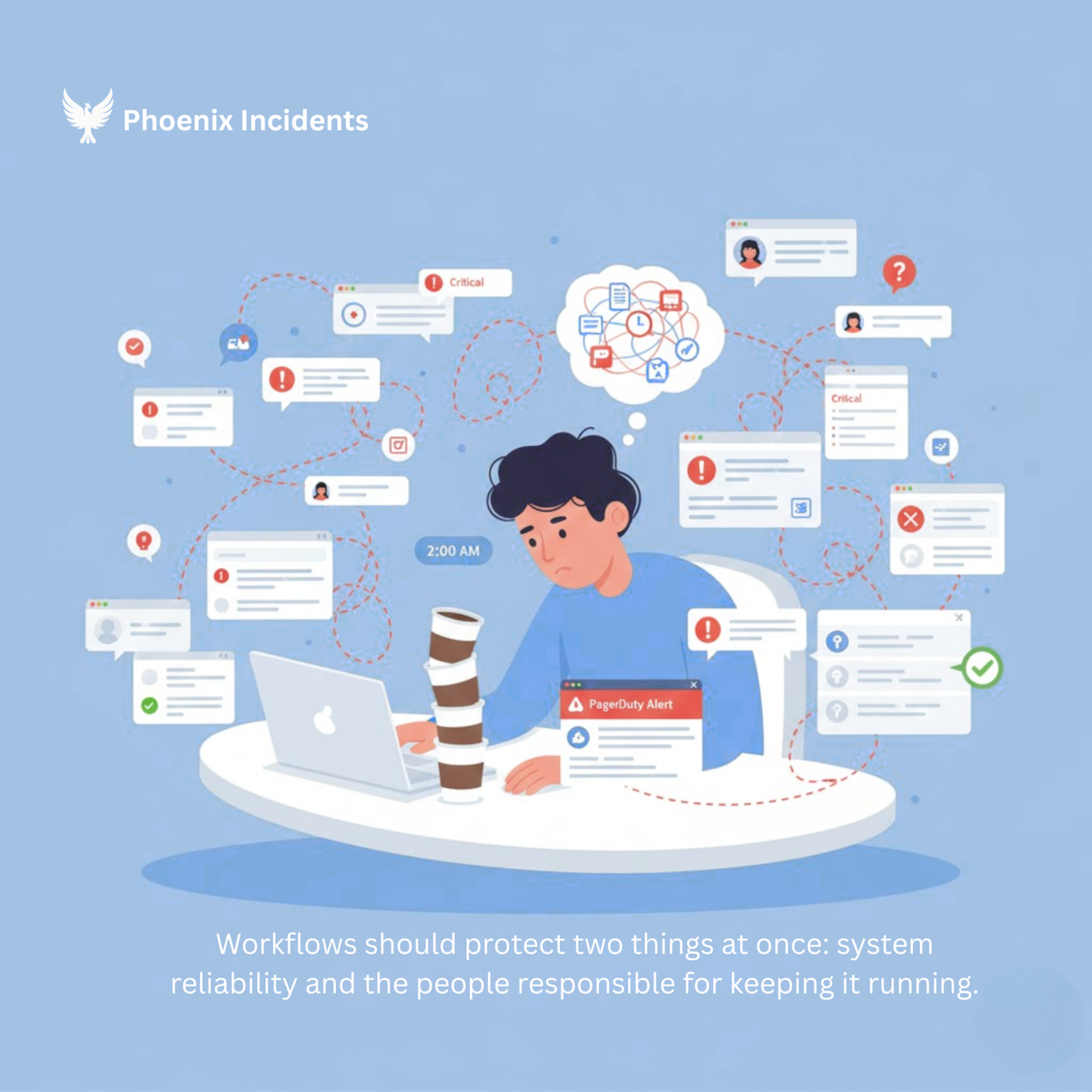 Relationship between system reliability, human health, and consistent process in incident response.
