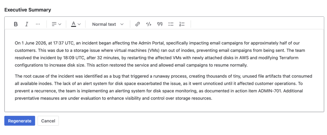 AI-generated Executive Summary section in a completed Phoenix RCA in Jira